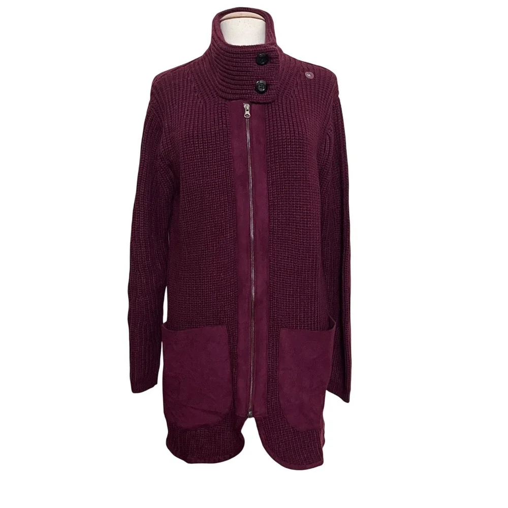 NY & Co‎ Womens M Burgundy Knit Cardigan Longline Sweater Cozy Heritage Academia